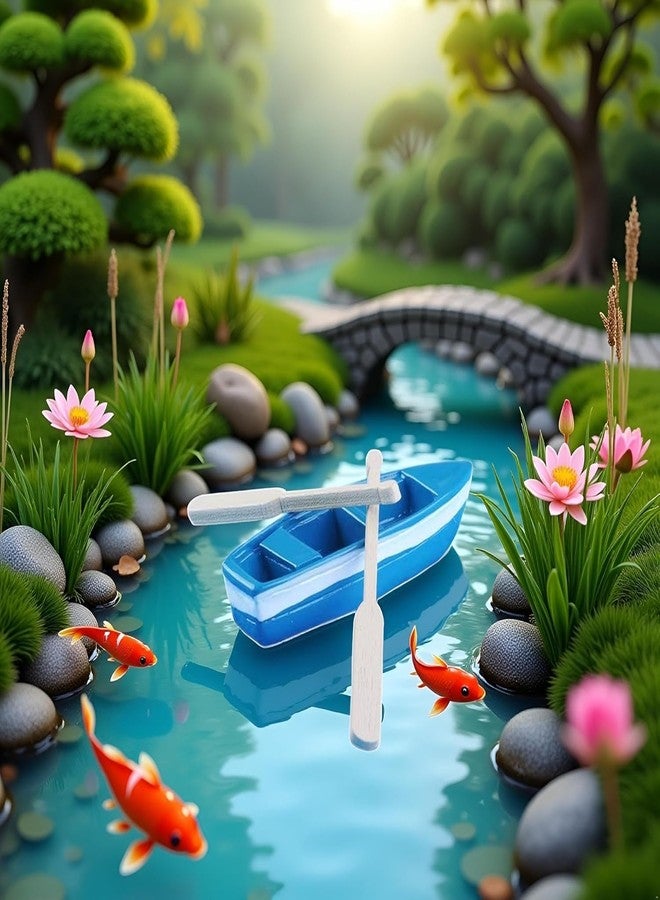 Jizlan Mini Tiny Wooden Boat, Beach Style Miniature Ornament Kits for DIY Fairy Garden Dollhouse Decoration, Miniature Dollhouse Boat with Oars Canoe Model - Image 3